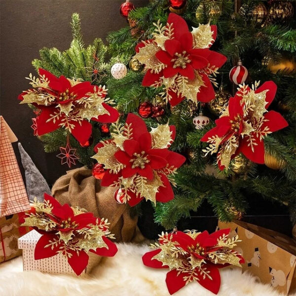 50pcs Red Poinsettia Flower Artificial Christmas Decor, Glitter Poinsettia Christmas Tree Flower Decoration, DIY Xmas Wreath Decor 2025 - US $22.99