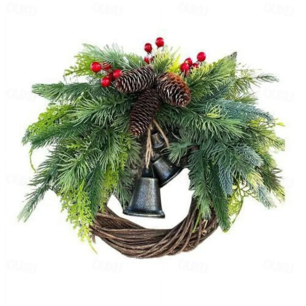 Christmas Wreath Boho Wreath, 17.7'' Artificial Golden Bell Wreath, Xmas Tree Front Door Hanging Garland, Handmade Pine Ring Grapevine Wreath, Celebra