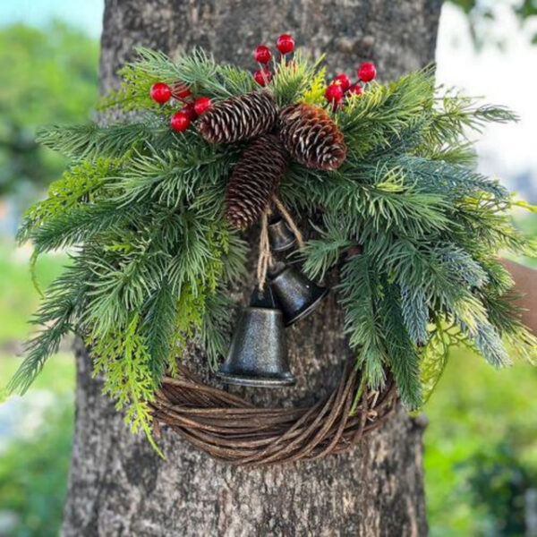 Christmas Wreath Boho Wreath, 17.7'' Artificial Golden Bell Wreath, Xmas Tree Front Door Hanging Garland, Handmade Pine Ring Grapevine Wreath, Celebra