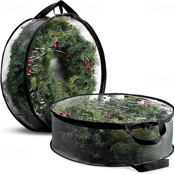 Christmas Wreath Storage Bag 24 Inch - Clear PVC Plastic for All View Durable Plastic Fabric Dual Zippered Bag for Holiday Artificial Christmas Wreath