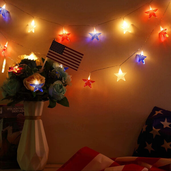 Patriotic 10ft 20LED Star String Lights Decor Independence Day, Fourth of July LED Star Fairy Lights with Remote Control Red White Blue 8 Modes Batte