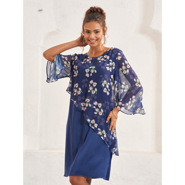 Women's A Line Dress Elegant Floral Midi Dress Flared Sleeve Crew Neck Patchwork Regular Fit Wedding Guest Cocktail Party Blue Summer 2025 - US $43.99