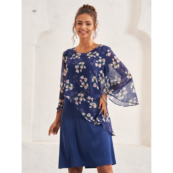 Women's A Line Dress Elegant Floral Midi Dress Flared Sleeve Crew Neck Patchwork Regular Fit Wedding Guest Cocktail Party Blue Summer 2025 - US $43.99