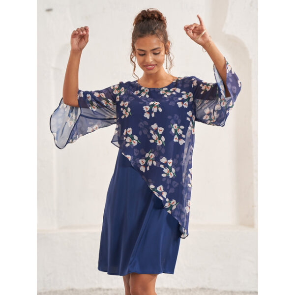 Women's A Line Dress Elegant Floral Midi Dress Flared Sleeve Crew Neck Patchwork Regular Fit Wedding Guest Cocktail Party Blue Summer 2025 - US $43.99