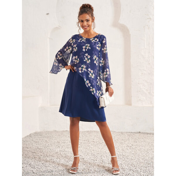 Women's A Line Dress Elegant Floral Midi Dress Flared Sleeve Crew Neck Patchwork Regular Fit Wedding Guest Cocktail Party Blue Summer 2025 - US $43.99