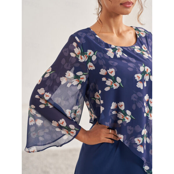 Women's A Line Dress Elegant Floral Midi Dress Flared Sleeve Crew Neck Patchwork Regular Fit Wedding Guest Cocktail Party Blue Summer 2025 - US $43.99