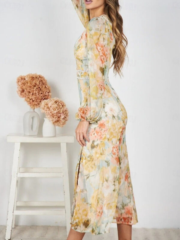 Women's Casual Dress Bodycon Casual Floral Maxi Dress Long Sleeve V Neck Patchwork Print Regular Fit Daily Yellow Summer Spring Fall 2025 - US $36.99