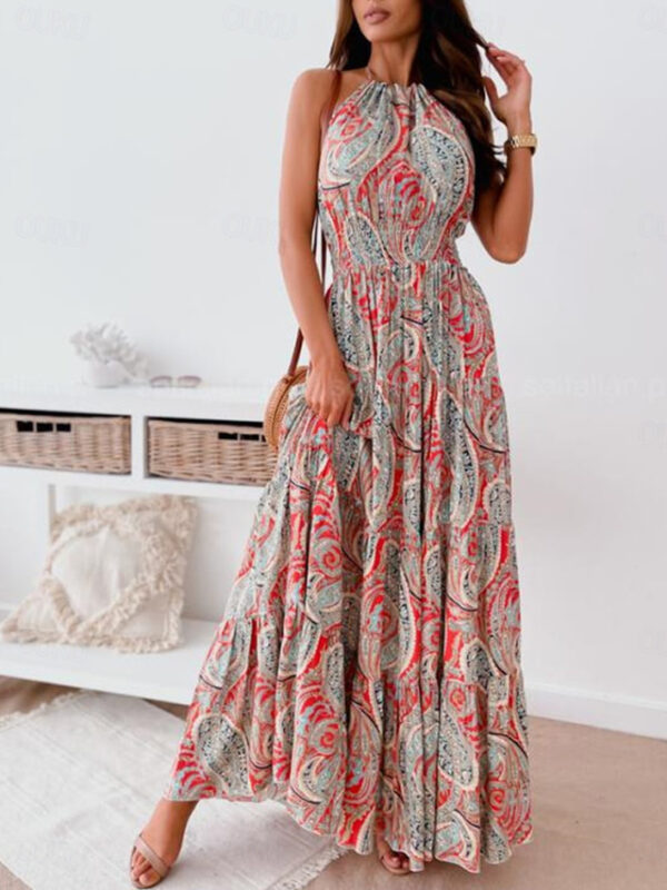 Women's Casual Dress Boho Chic Dresses Bohemia Streetwear A Line Floral Paisley Long Dress Maxi Dress Sleeveless Halter Neck Backless Print Regular Fi