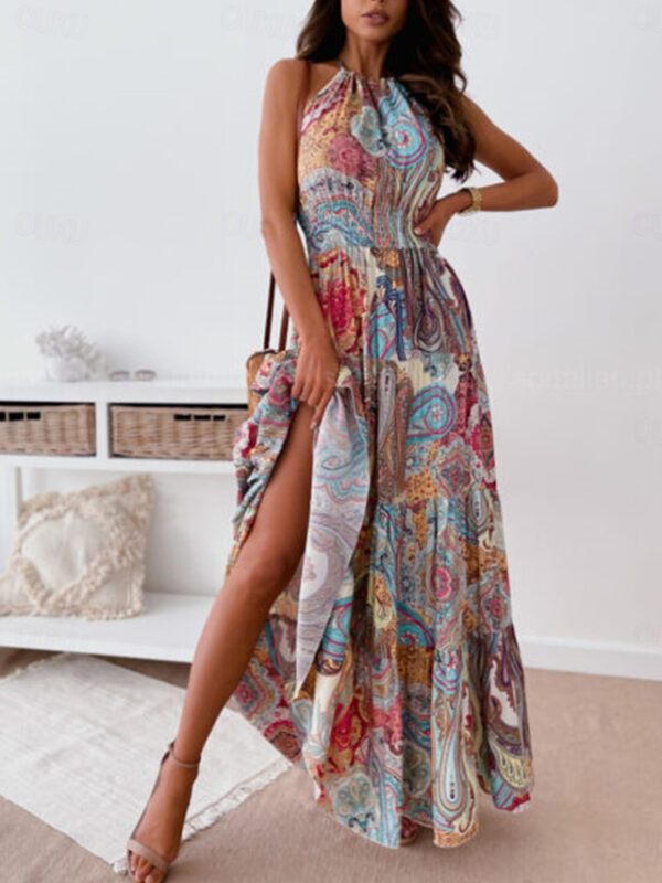 Women's Casual Dress Boho Chic Dresses Bohemia Streetwear A Line Floral Paisley Long Dress Maxi Dress Sleeveless Halter Neck Backless Print Regular Fi