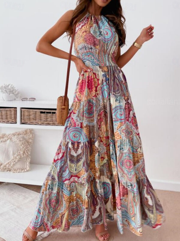 Women's Casual Dress Boho Chic Dresses Bohemia Streetwear A Line Floral Paisley Long Dress Maxi Dress Sleeveless Halter Neck Backless Print Regular Fi