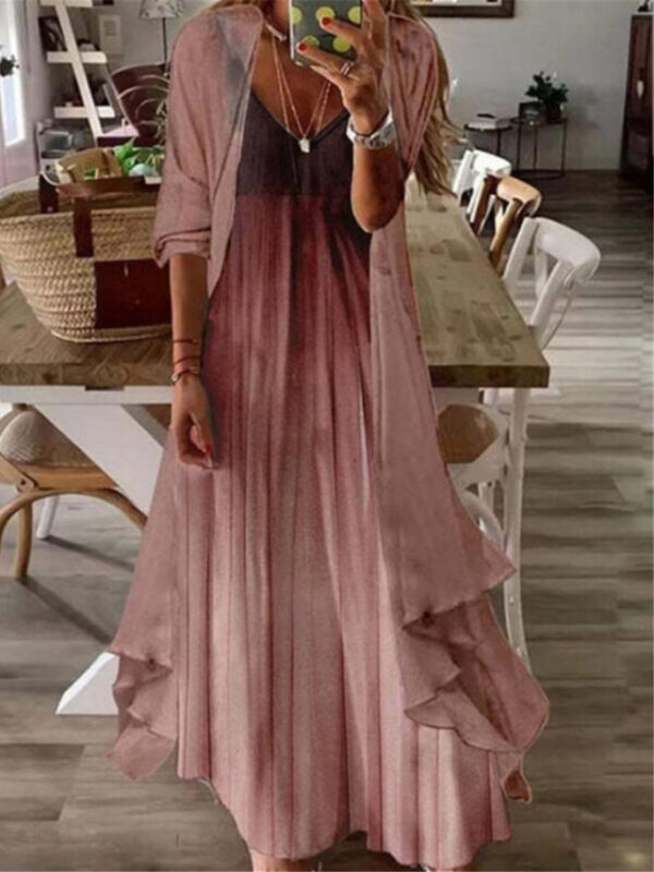 Women's Casual Dress Dress Set Two Piece Dress Maxi long Dress Pink Brown Green Long Sleeve Tribal Print Summer Spring V Neck Fashion Loose Fit 2023 S