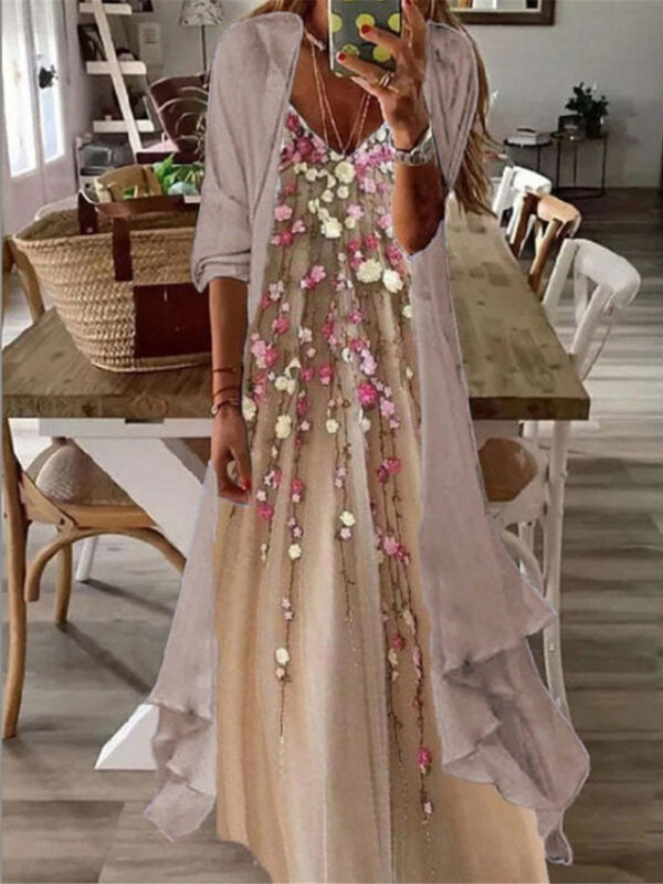 Women's Casual Dress Dress Set Two Piece Dress Maxi long Dress Pink Brown Green Long Sleeve Tribal Print Summer Spring V Neck Fashion Loose Fit 2023 S