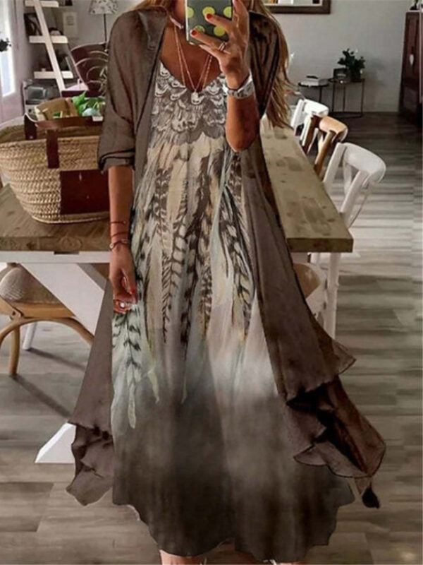 Women's Casual Dress Dress Set Two Piece Dress Maxi long Dress Pink Brown Green Long Sleeve Tribal Print Summer Spring V Neck Fashion Loose Fit 2023 S