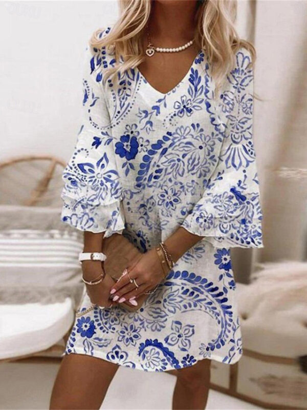 Women's Casual Dress Floral Ruffle Print V Neck Mini Dress Stylish Casual Daily Vacation 3/4 Length Sleeve Summer 2025 - US $27.99