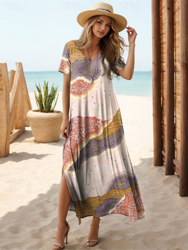 Women's Casual Dress Geometric Color Block Split Print V Neck Long Dress Maxi Dress Vacation Short Sleeve Summer 2025 - US $27.99