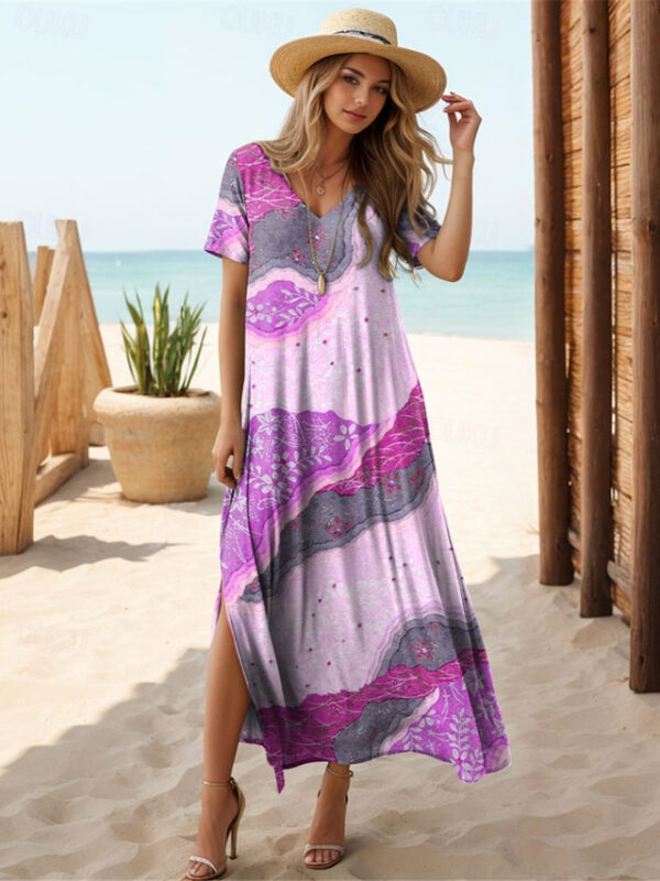 Women's Casual Dress Geometric Color Block Split Print V Neck Long Dress Maxi Dress Vacation Short Sleeve Summer 2025 - US $27.99