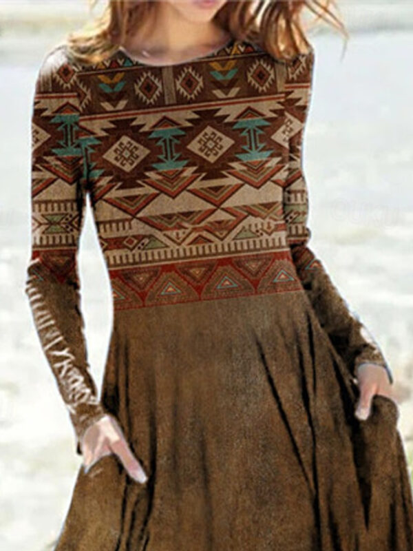 Women's Casual Dress Geometric Pocket Print Crew Neck Midi Dress Casual Daily Long Sleeve Fall Winter 2025 - US $32.99