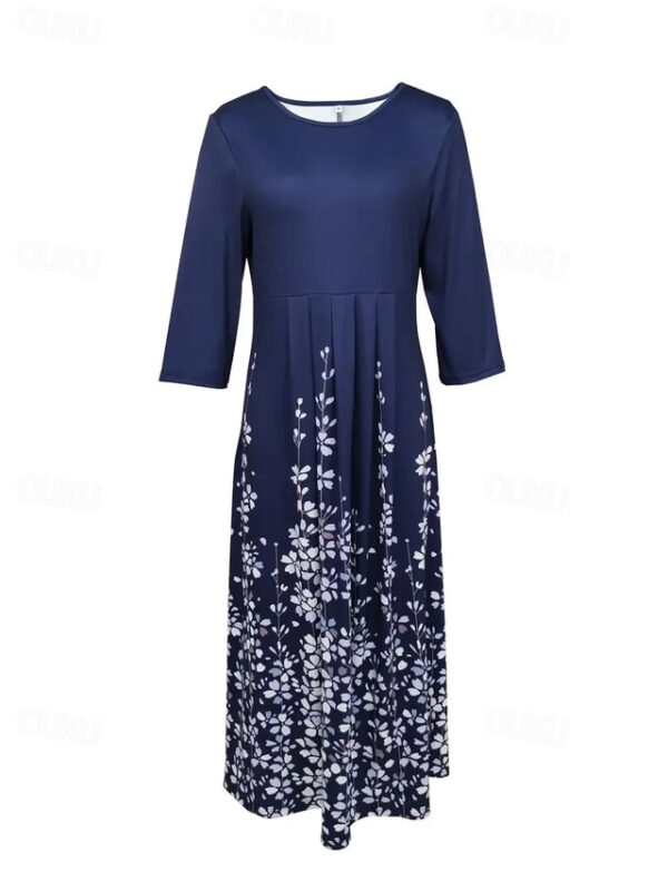 Women's Casual Dress Shift Dress Midi Dress Navy Blue 3/4 Length Sleeve Floral Print Summer Spring Crew Neck Basic Vacation Fall Dress Summer Dress 20