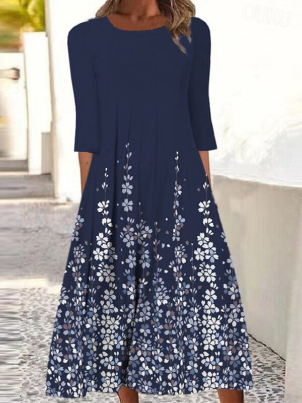 Women's Casual Dress Shift Dress Midi Dress Navy Blue 3/4 Length Sleeve Floral Print Summer Spring Crew Neck Basic Vacation Fall Dress Summer Dress 20