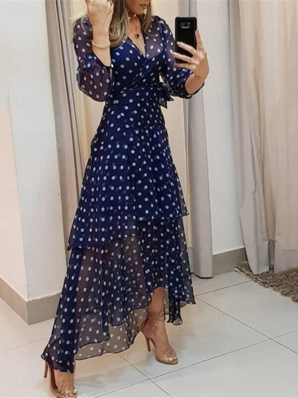 Women's Casual Dress Swing Dress A Line Dress Stylish Casual Polka Dot Long Dress Maxi Dress 3/4 Length Sleeve V Neck Ruffle Layered Print Regular Fit