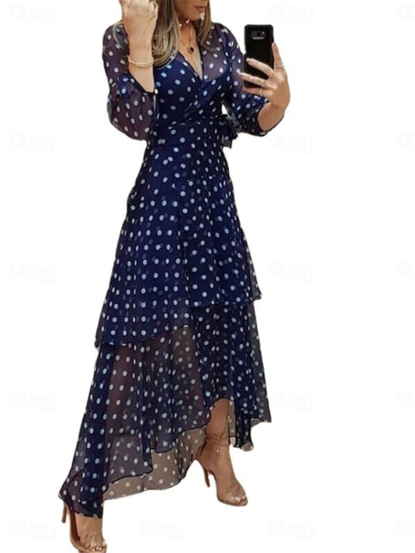 Women's Casual Dress Swing Dress A Line Dress Stylish Casual Polka Dot Long Dress Maxi Dress 3/4 Length Sleeve V Neck Ruffle Layered Print Regular Fit