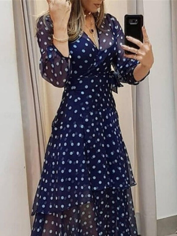 Women's Casual Dress Swing Dress A Line Dress Stylish Casual Polka Dot Long Dress Maxi Dress 3/4 Length Sleeve V Neck Ruffle Layered Print Regular Fit