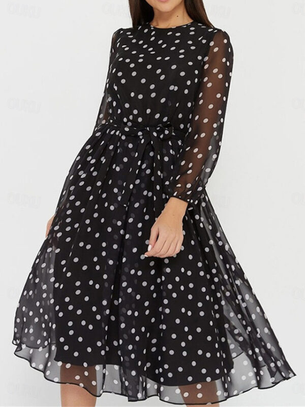 Women's Casual Dress Swing Dress Polka Dot Print Crew Neck Midi Dress Stylish Casual Daily Vacation Long Sleeve Fall 2025 - US $33.99