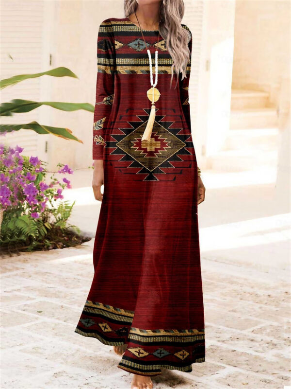 Women's Casual Dress Winter Dress Geometric Print Crew Neck Long Dress Maxi Dress Vintage Ethnic Daily Date Long Sleeve Fall Winter 2025 - US $32.99