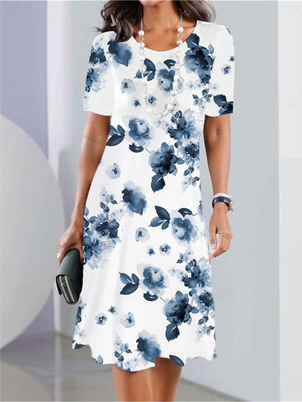 Women's Causal Dress Floral Dress A-Line Short Sleeve Round Neck Knee-length Blue Flower Print White Daywear Party Lightweight 2025 - US $23.99