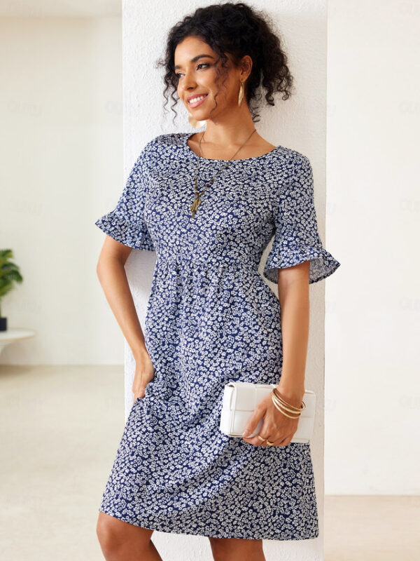 Women's Chiffon Dress Floral Ruffle Shirred Crew Neck Puff Sleeve Midi Dress Casual Short Sleeve Summer Spring 2025 - US $31.99