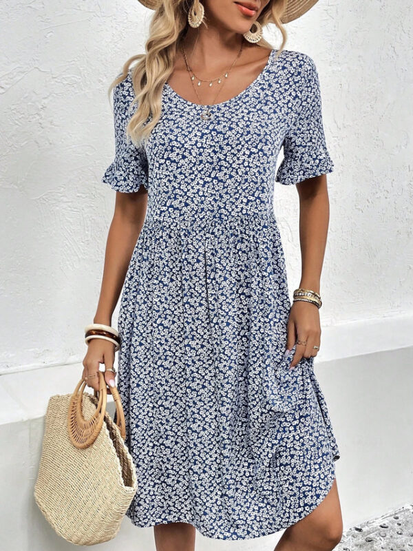 Women's Chiffon Dress Floral Ruffle Shirred Crew Neck Puff Sleeve Midi Dress Casual Short Sleeve Summer Spring 2025 - US $31.99