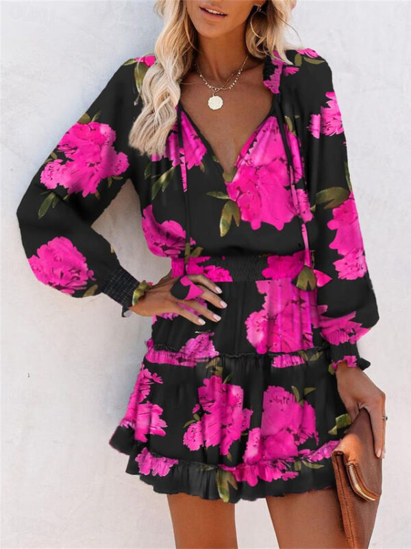 Women's Floral Leopard Ruched Ruffle V Neck Mini Dress Daily Vacation Long Sleeve Summer Spring 2025 - US $32.99