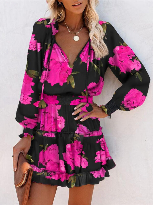 Women's Floral Leopard Ruched Ruffle V Neck Mini Dress Daily Vacation Long Sleeve Summer Spring 2025 - US $32.99