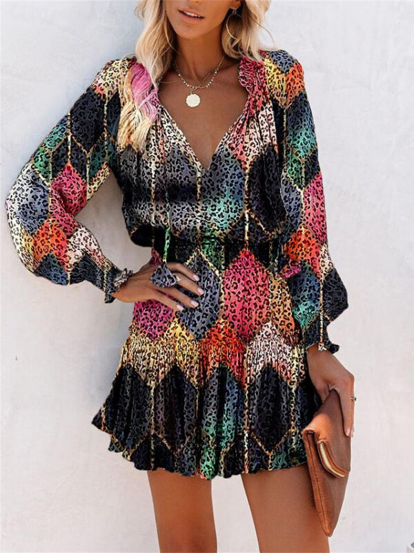 Women's Floral Leopard Ruched Ruffle V Neck Mini Dress Daily Vacation Long Sleeve Summer Spring 2025 - US $32.99