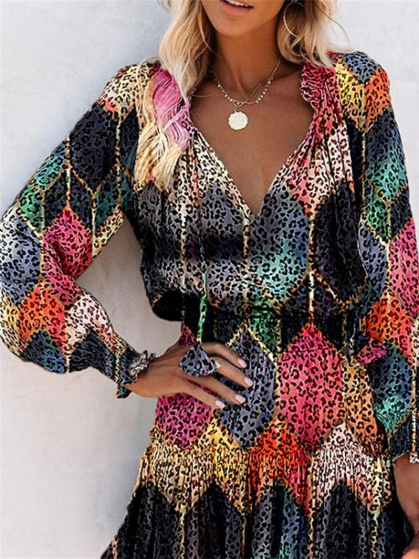 Women's Floral Leopard Ruched Ruffle V Neck Mini Dress Daily Vacation Long Sleeve Summer Spring 2025 - US $32.99