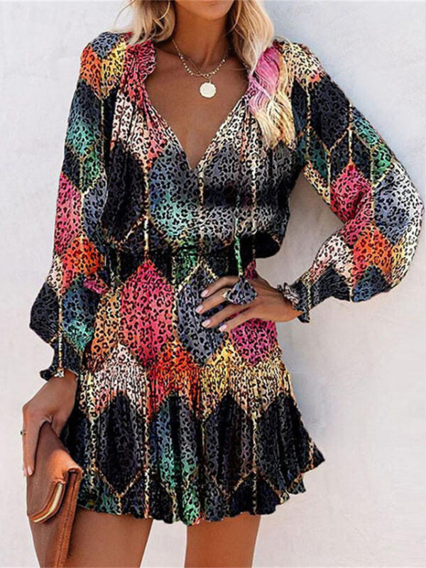 Women's Floral Leopard Ruched Ruffle V Neck Mini Dress Daily Vacation Long Sleeve Summer Spring 2025 - US $32.99