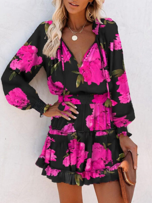 Women's Floral Leopard V Neck Mini Dress Long Sleeve Summer Spring 2025 - US $32.99