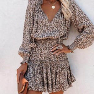 Women's Floral Leopard V Neck Mini Dress Long Sleeve Summer Spring 2025 - US $32.99