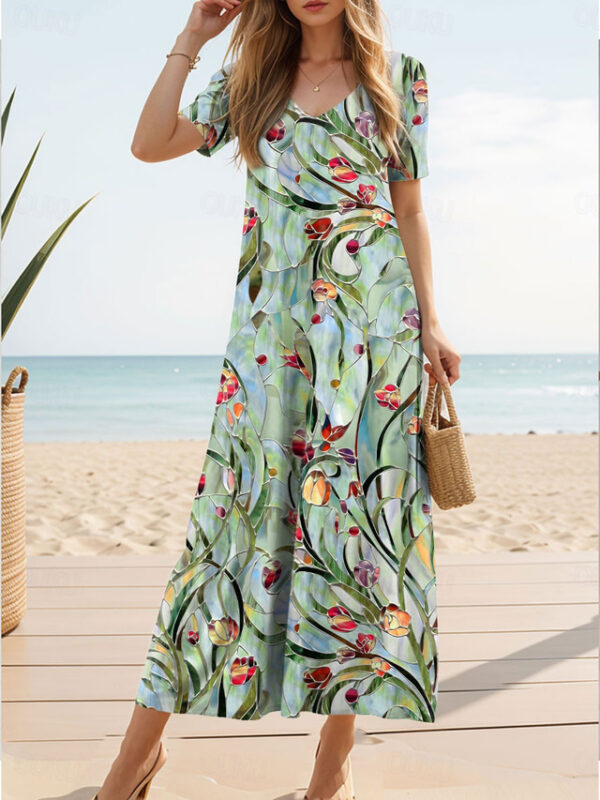 Women's Floral Print V Neck Long Dress Maxi Dress Bohemia Vintage Short Sleeve Summer Spring 2025 - US $36.99