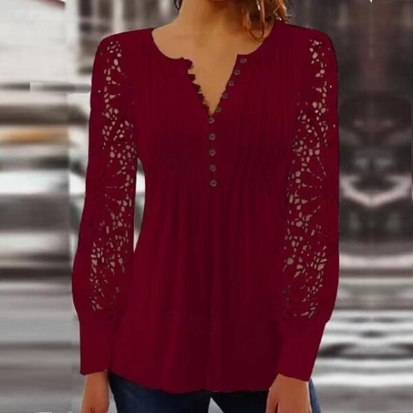 Women's Lace Shirt Blouse Dressy Tops Elegant Fashion Basic Solid Color Pleated Patchwork Long Sleeve Regular Tops Notched Neck Casual Daily White Red