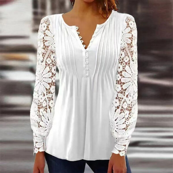 Women's Lace Shirt Blouse Dressy Tops Elegant Fashion Basic Solid Color Pleated Patchwork Long Sleeve Regular Tops Notched Neck Casual Daily White Red