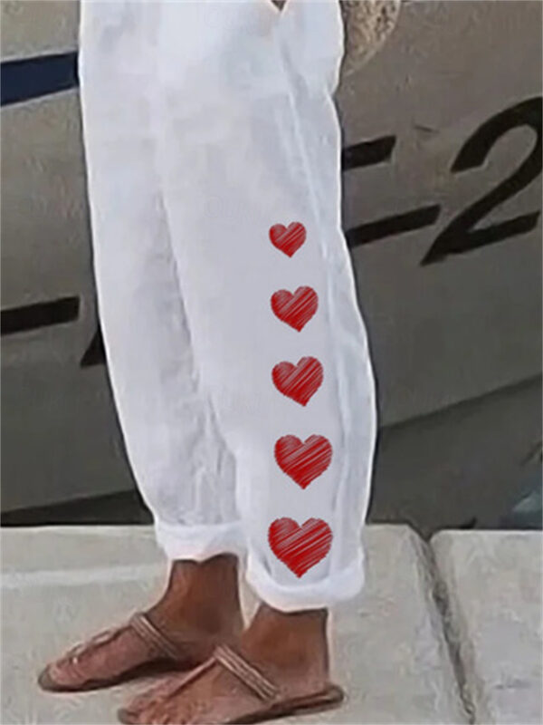 Women's Linen Pants Baggy Pants Vintage Casual Full Length Heart Floral Butterfly Side Pockets Baggy Print Comfort Inelastic Vacation Daily White Yell