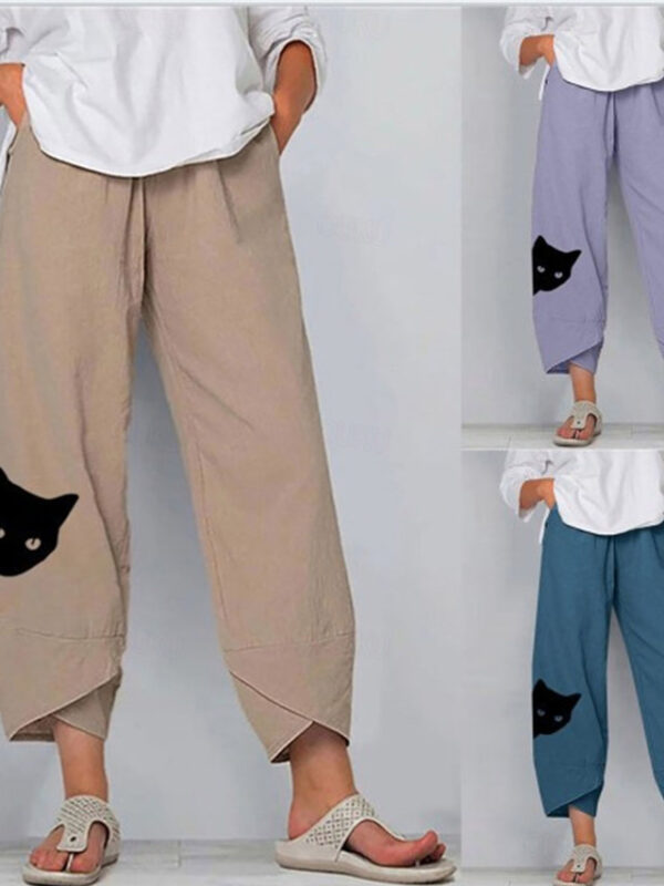 Women's Linen Pants Chinos Capri shorts Streetwear Simple Casual Ankle-Length Mid Waist Cat Baggy Print Breathable Soft Outdoor Micro-elastic Outdoor