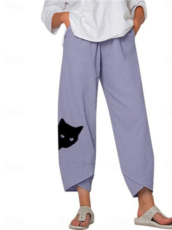 Women's Linen Pants Chinos Capri shorts Streetwear Simple Casual Ankle-Length Mid Waist Cat Baggy Print Breathable Soft Outdoor Micro-elastic Outdoor