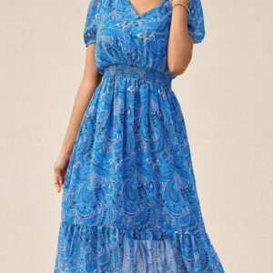 Women's Paisley V Neck Midi Smoked Elastic Waist Vacation Dress Summer 2025 - US $41.99