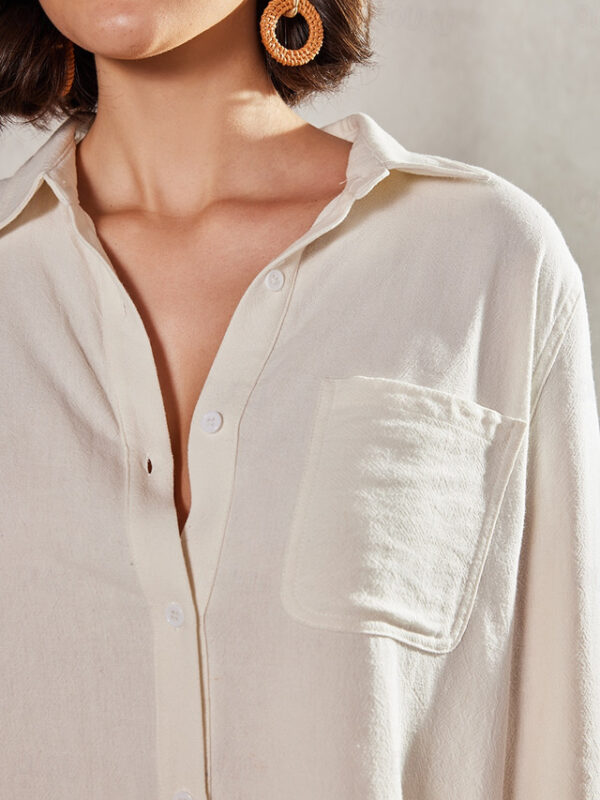 Women's Shirt Blouse Cotton Button Pocket Work Daily Solid Basic Long Sleeve Shirt Collar White Summer Spring 2024 - US $27.99