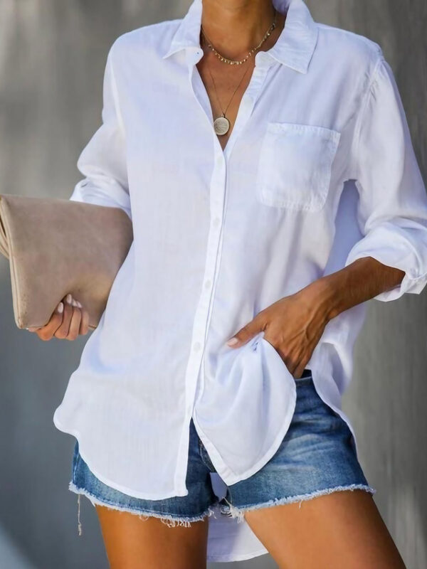 Women's Shirt Blouse Cotton Button Pocket Work Daily Solid Basic Long Sleeve Shirt Collar White Summer Spring 2024 - US $27.99