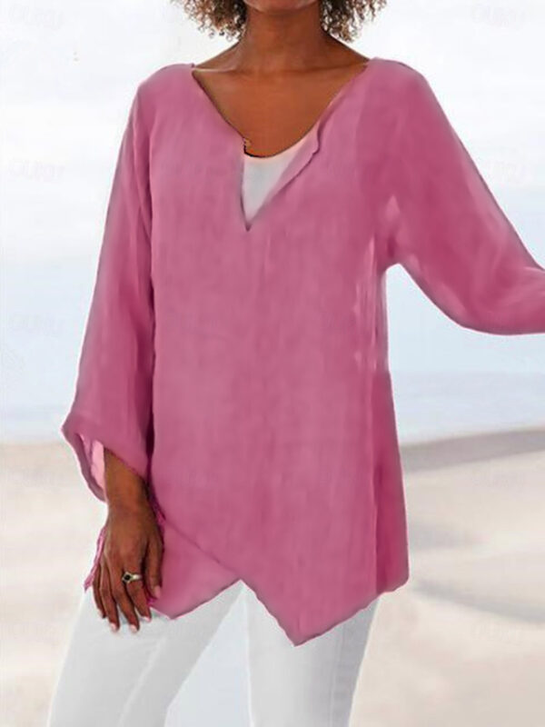 Women's Shirt Blouse Solid Basic Plain Long Tops Long Sleeve V Neck Asymmetric Regular Fit Casual Daily White Pink Blue Khaki Grey Summer Spring 2024