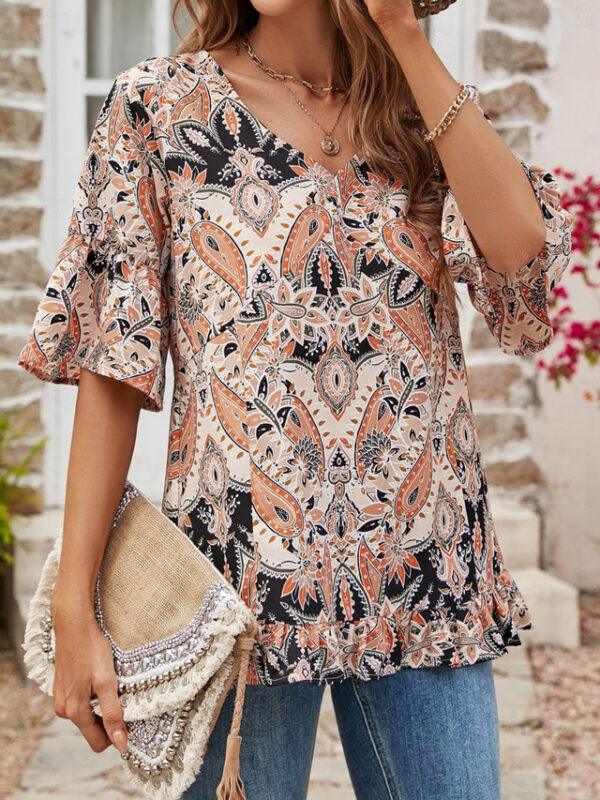 Women's T Shirt Bohemia Vintage Casual Floral Paisley Regular Tops Half Sleeve Crew Neck Ruffle Print Regular Fit Daily Weekend Wine Blue Beige Summer