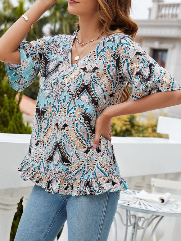 Women's T Shirt Bohemia Vintage Casual Floral Paisley Regular Tops Half Sleeve Crew Neck Ruffle Print Regular Fit Daily Weekend Wine Blue Beige Summer